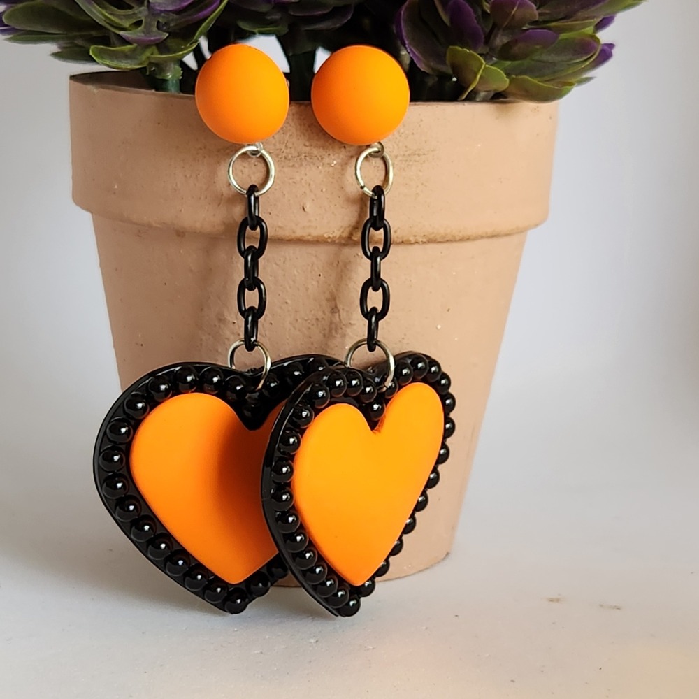 Orange Heart Dangle Earrings Black Beaded Border Chain Link Statement Jewelry